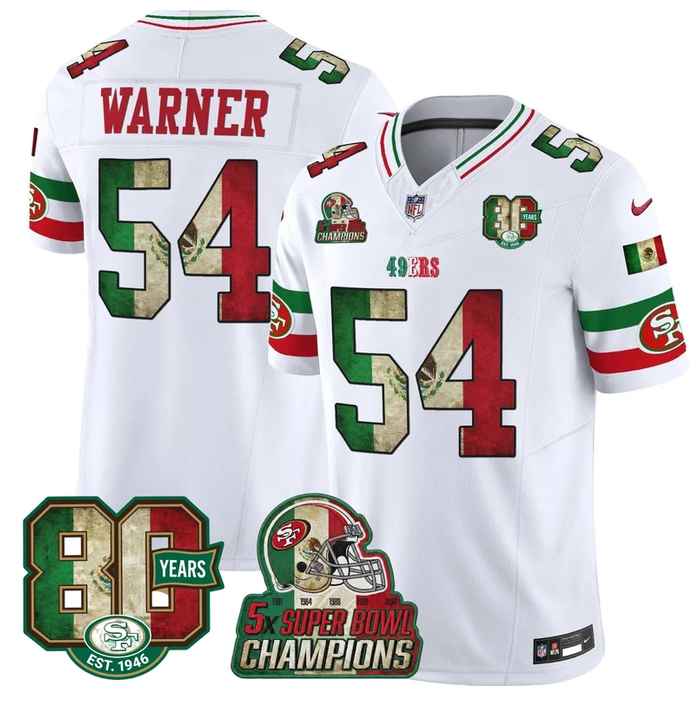 Men's White San Francisco 49ers #54 Fred Warner Mexico 80th Anniversary Five Time Super Bowl Champions Patch 2026 F.U.S.E. Vapor Untouchable Limited Stitched Football Jersey